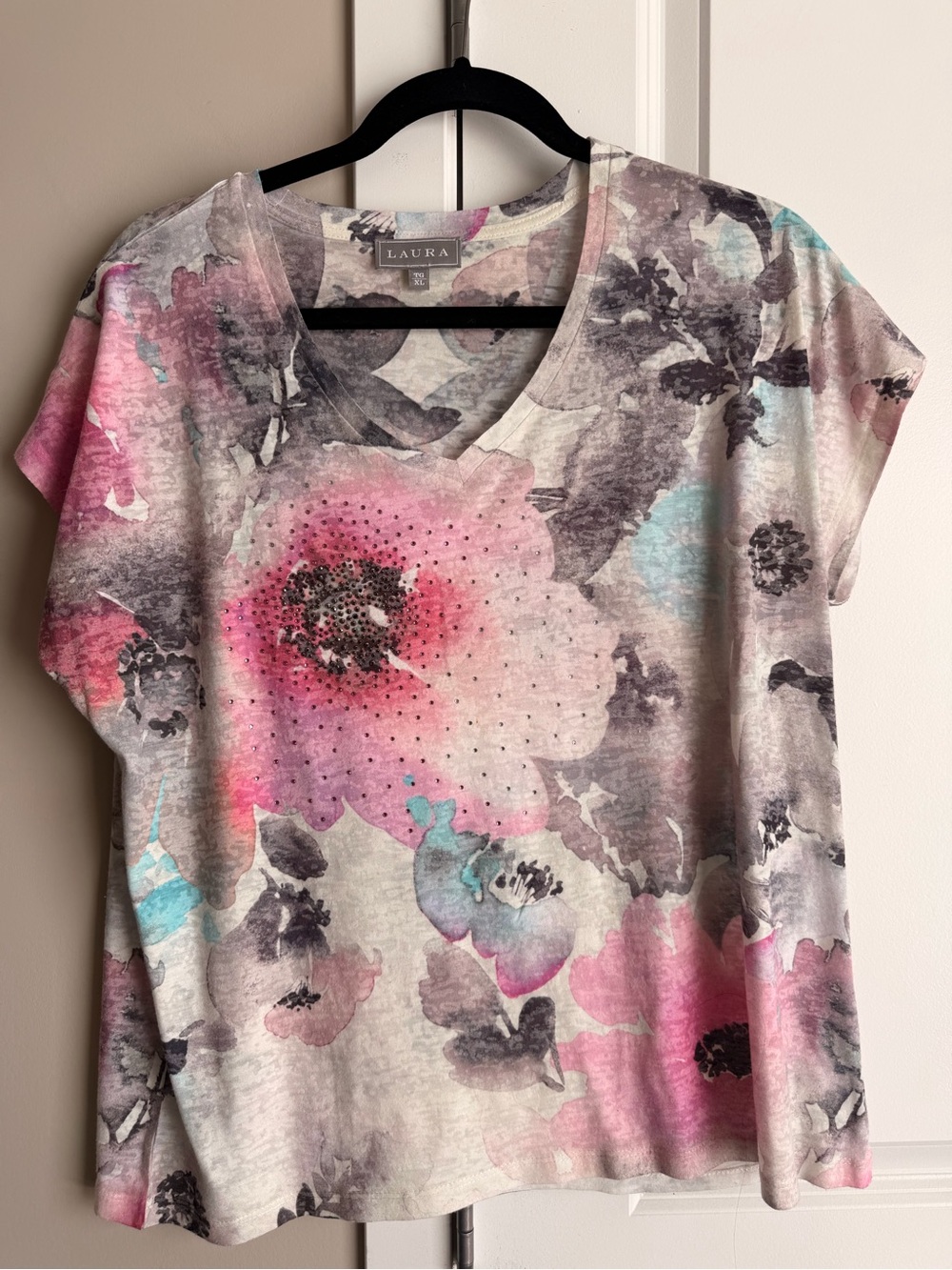 Aura Pink and Aqua Floral V-Neck Top with Rhinestone Detail